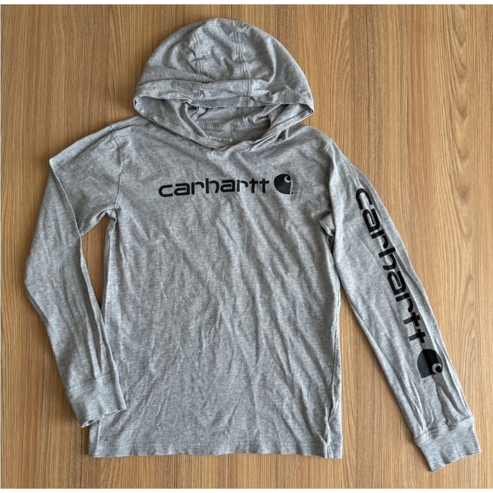 Carhartt Hoodie T Shirt Youth Sz M (10-12) Gray Pullover Long Sleeve Spellout